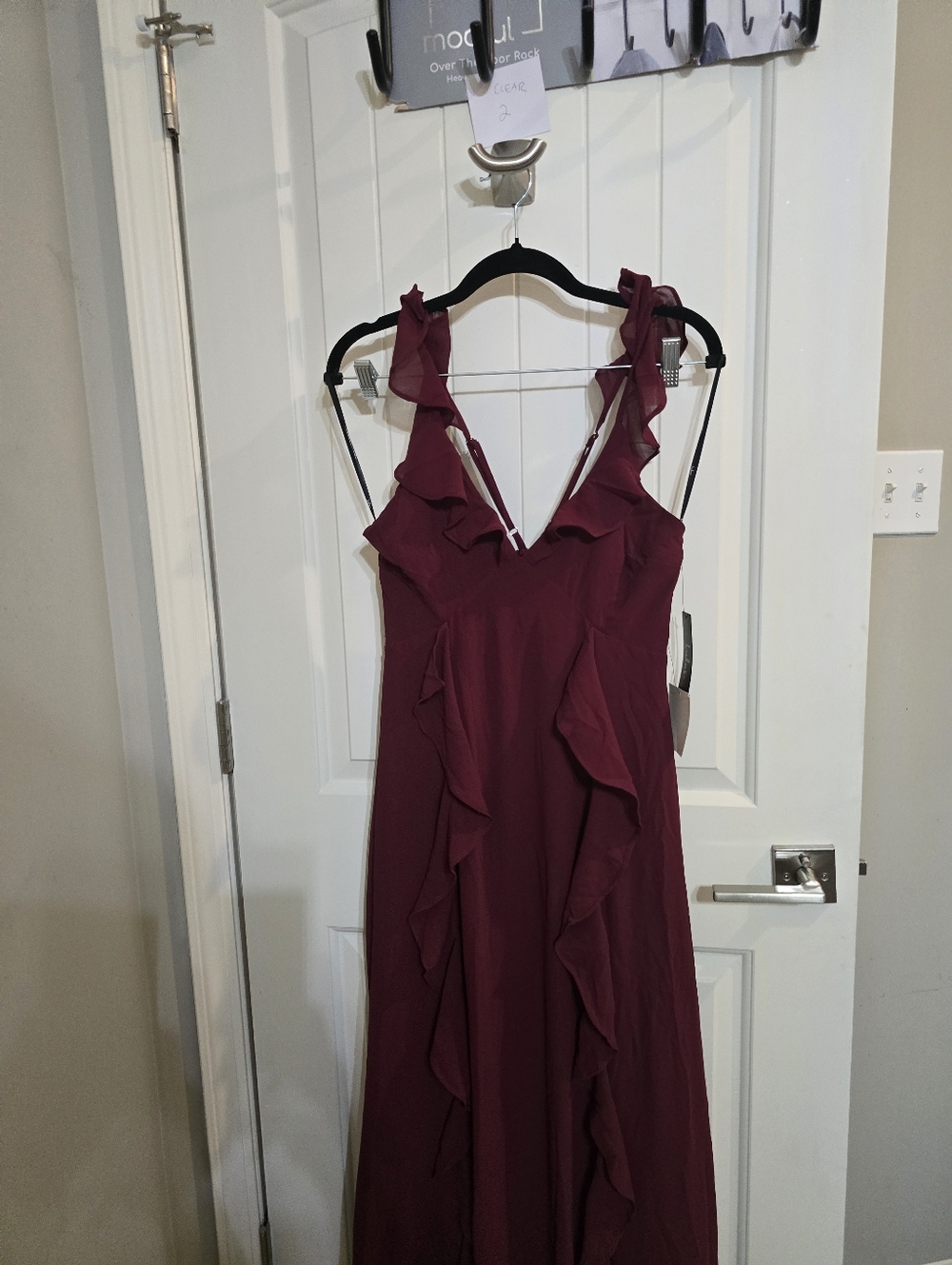NWT Lulus Maxi Red Purple Ruffled V-Neck Maxi Dress in Burgundy Small Bridesmaid - Picture 3 of 6